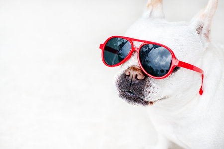 Cute white French bulldog in red sunglasses. Funny dog wearing sunglasses. High quality photo. Pet care conceptの写真素材