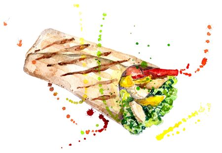 watercolor illustration of national food kebab with multi-colored watercolor spraysの写真素材