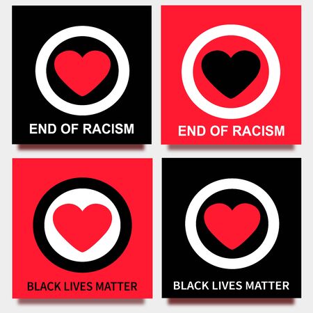 Black lives matter, end of racism text with heart in a circle. Vector illustration for social media posts against racism. Social movement. Logo for designのイラスト素材