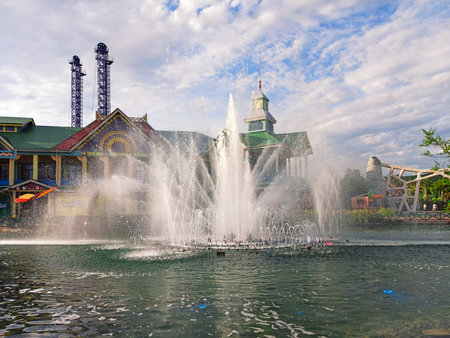 Sochi, Russia, 20 june 2020. Big beautiful fountain in the lake in Sochi Park. Quarantine...