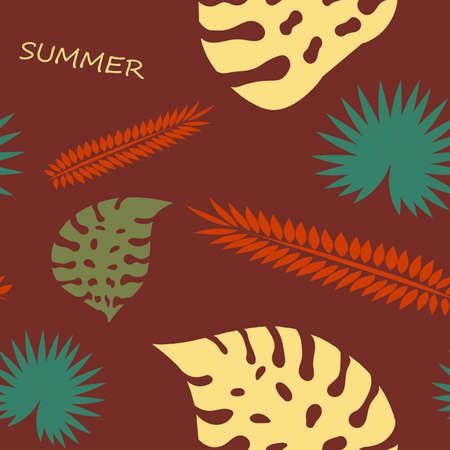 Exotic tropical verctor background with hawaiian plants. Seamless tropical pattern with summer lettering and palm leavesのイラスト素材