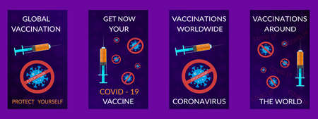 Covid Vaccination Flyer Set. Trendy design featuring the microbe Covid 19 on a purple background. Vaccination around the worldのイラスト素材