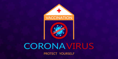 Vaccination against  on a violet background. Trendy design depicting microbe virus and hospitalのイラスト素材