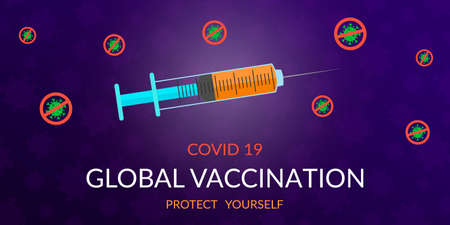 Global vaccination against covid 19 virus. Trendy design depicting a syringe with coronavirus vaccine on a purple backgroundのイラスト素材