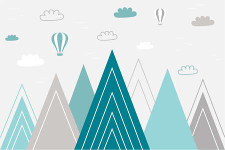 Kids wallpaper in scandinavian style. Mountainscape, ballon, clouds and birds for baby room design, wall decor.のイラスト素材
