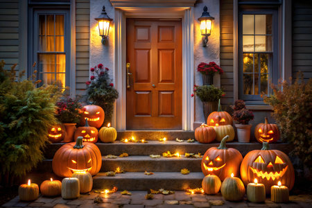 Halloween pumpkins in front of a house at night with candlesの素材