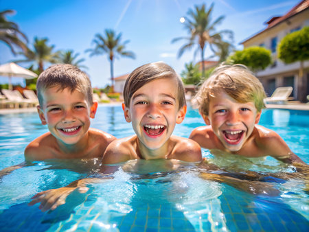 Group of happy children having fun in swimming pool. Summer vacation conceptの素材