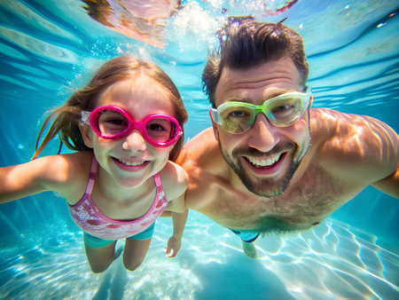 Father and daughter swimming underwater in the pool. Healthy family lifestyle concept.の素材