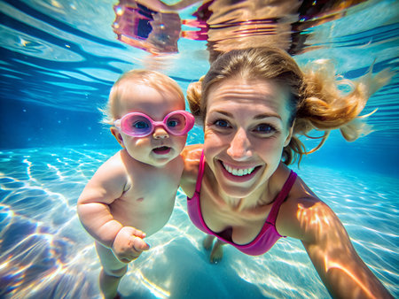 Portrait of happy mother and baby underwater in swimming pool at homeの素材
