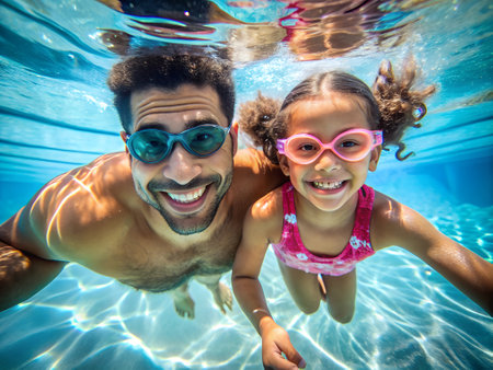 Father and daughter swimming underwater in the pool. Focus on the girlの素材
