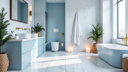 Interior of modern bathroom with blue and white walls, tiled floor, white bathtub and round mirror above it. 3d renderingの素材