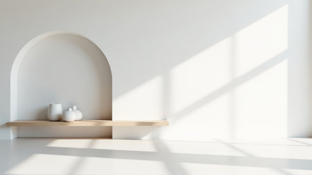 white minimal room with large architectural arch floating wooden shelf few decorative objects and soft long shadows creating a clean airy backgroundの素材