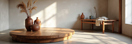 Minimal interior with low wide round wooden table soft grain texture sculptural legs and matte ceramic vases in neutral palette with soft sunlight and shadow playの素材