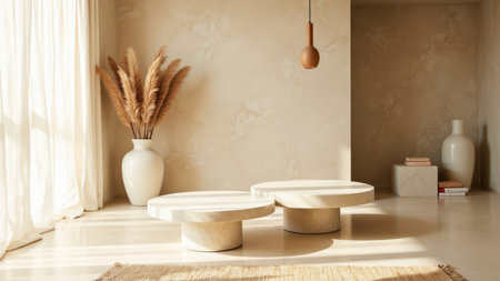 Luxury spa interior with beige marble round pedestal subtle veins ceramic vases and pampas grass in soft diffused sunlight warm tonal harmonyの素材