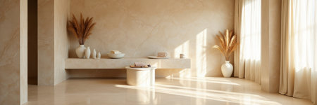 Luxury spa interior with beige marble round pedestal subtle veins ceramic vases and pampas grass in soft diffused sunlight warm tonal harmonyの素材