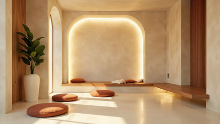 Serene minimal interior with large architectural niche soft golden LED backlight smooth plaster wall and round floor cushions in warm clean spaceの素材