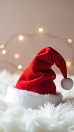 Santa Claus hat on white fur background with bokeh lights. Festive red Santa Claus hat on white fluffy surface, minimalist Christmas scene with clean composition and cozy holidayの素材