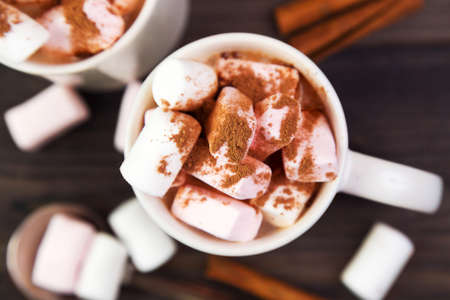 Hot cocoa drink with marshmallows and cinnamon on the dark wooden tableの写真素材