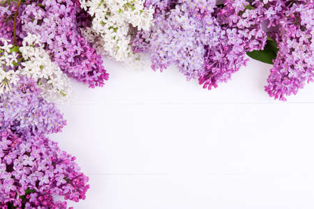 The beautiful lilac flowers on a white wooden backgroundの写真素材