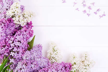 The lilac purple and white flowers on a white wooden tableの写真素材