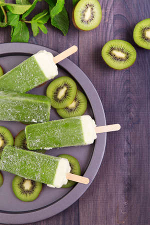 Homemade kiwi ice sticks on a plate with mint and kiwi slices on a dark wooden table. Top view with copyspaceの写真素材