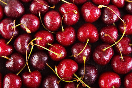 Background of red cherries with water dropsの写真素材
