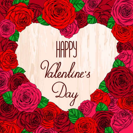 Card Valentine's day - frame of roses roses with lettering on a wooden background. Vector illustration, eps 10.のイラスト素材