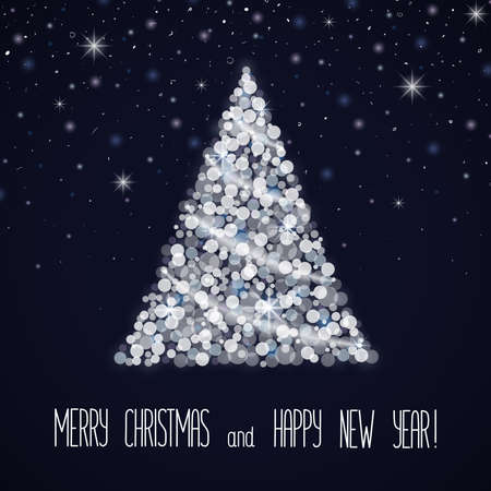 Abstract Christmas tree from lights bokeh. Christmas and New Year vector illustration with lettering. Eps 10のイラスト素材