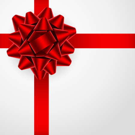 Realistic shiny red bow of ribbons on a gift background. Vector illustration, eps 10. Top view with copyspace.のイラスト素材