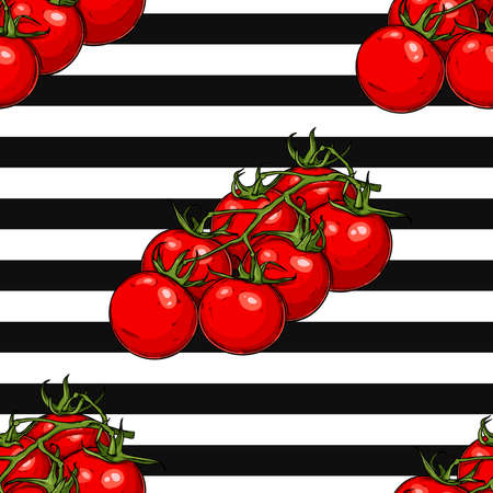Seamless hand drawn pattern with branch of cherry tomatoes on a black and white striped background. Natural vegetable background for textiles, banner, wrapping paper and other and designs. Vector illustrationのイラスト素材