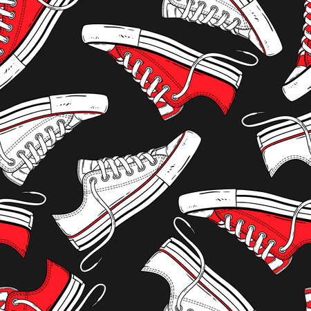 Seamless hand-drawn pattern with red and white low sneakers. Shoes background for textiles, banner, wrapping paper and other and designs. Vector illustrationのイラスト素材