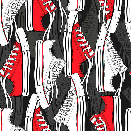 Seamless hand-drawn pattern of red and white sneakers. Shoes background for textiles, banner, wrapping paper and other and designs. Vector illustrationのイラスト素材