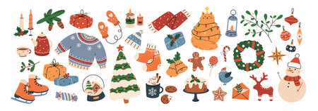 Cozy collection of Christmas and New Year items. Set of traditional winter symbols, elements and decorations christmas tree, wreath, mistletoe, candles, clothes and other. Colored flat illustrationのイラスト素材