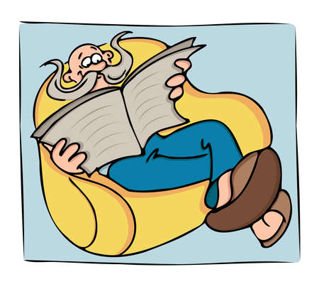 Cartoon bald grandfather with a mustache sits in chair and reads a newspaper. Hand-drawn illustration with black outline.のイラスト素材