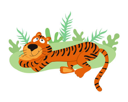 Cute cartoon tiger lies in the leaves. Vector character illustration.のイラスト素材