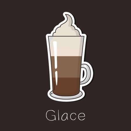 Coffee Glace with chocolate and ice cream in a tall glass cup. Flat vector illustration for cafe menu, sticker, icons, card, poster, tag, scrapbooking.のイラスト素材