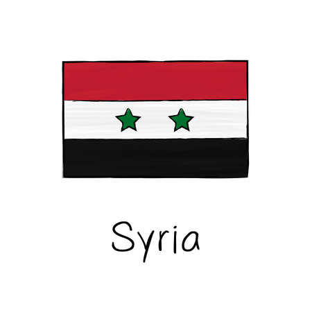 Syria flag with outline and signature isolated on a white background. Hand drawn color vector illustration in sketch style.のイラスト素材