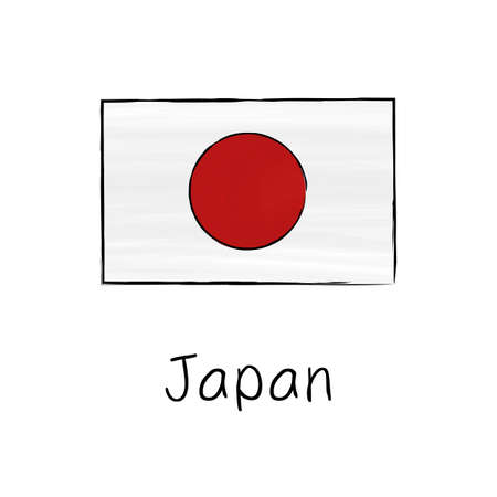 Japan flag with outline and signature isolated on a white background. Hand drawn color vector illustration in sketch style.のイラスト素材