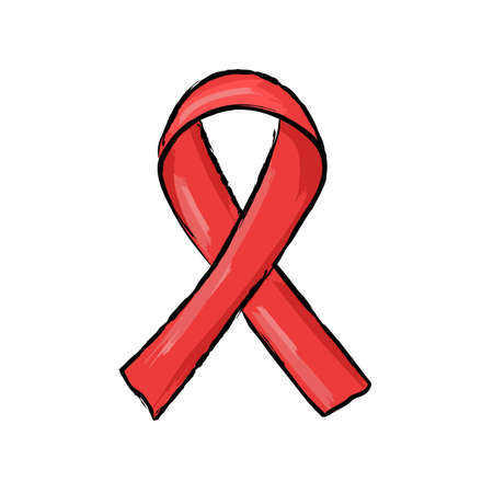 Red ribbon isolated for HIV awareness. Vector hand drawn illustration. Doodle style. Design element.のイラスト素材