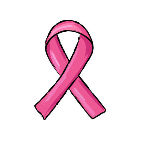 Cute pink ribbon isolated with outline for breast cancer awareness. Vector hand drawn illustration. Doodle style. Design element.のイラスト素材