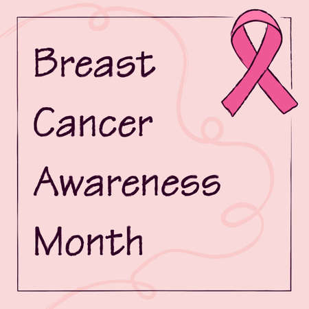 Cute card with pink ribbon for breast cancer awareness. Vector hand drawn illustration. Doodle style. Social network post design template, poster.のイラスト素材