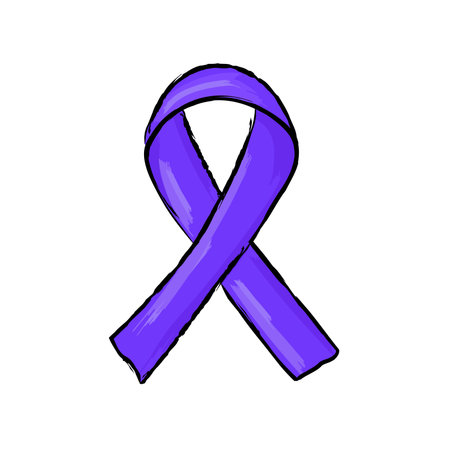 Hand-drawn doodle vector of a purple awareness ribbon. Symbolizes domestic violence awareness and Alzheimer's support. Perfect for health campaigns, education, and advocacy graphics.のイラスト素材