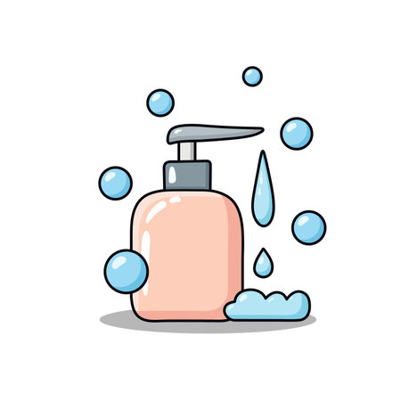 Cute doodle-style vector illustration of a soap dispenser with bubbles, drops and foam. Clean hygiene and hand-washing concept in modern cartoon outline style. Ideal for skincare, cosmetics, health and sanitary designs.のイラスト素材