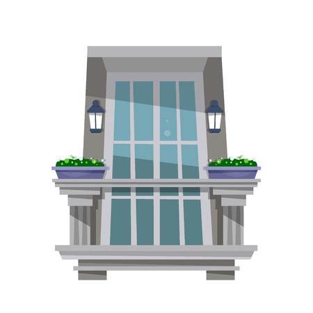 Balcony with plants. Beautiful architecture. Vector illustration isolated on white background.のイラスト素材