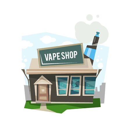 Vape shop store in a flat style with a cloud of steam. Vector illustration.のイラスト素材
