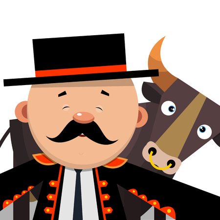 Selfie cartoon Matador with a bull. Vector illustration isolated on white background.のイラスト素材