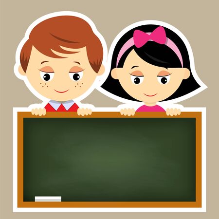 Happy children in the school behind the blackboard. Vector illustration.のイラスト素材
