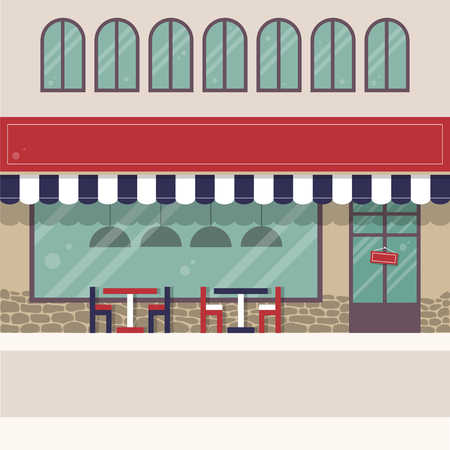 A coffee shop with a large window and small tables in front of the building. Flat style. Vector illustration.のイラスト素材