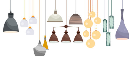 Set a ceiling illuminating apparatus. Lamps and bulbs. Vector illustration isolated on white background.のイラスト素材