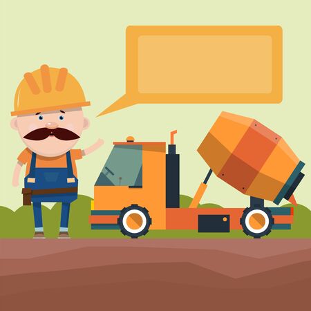 Presentation of construction equipment. The driver tells the truck the concrete mixer. Design of the brochure. Vector illustration in flat style.のイラスト素材